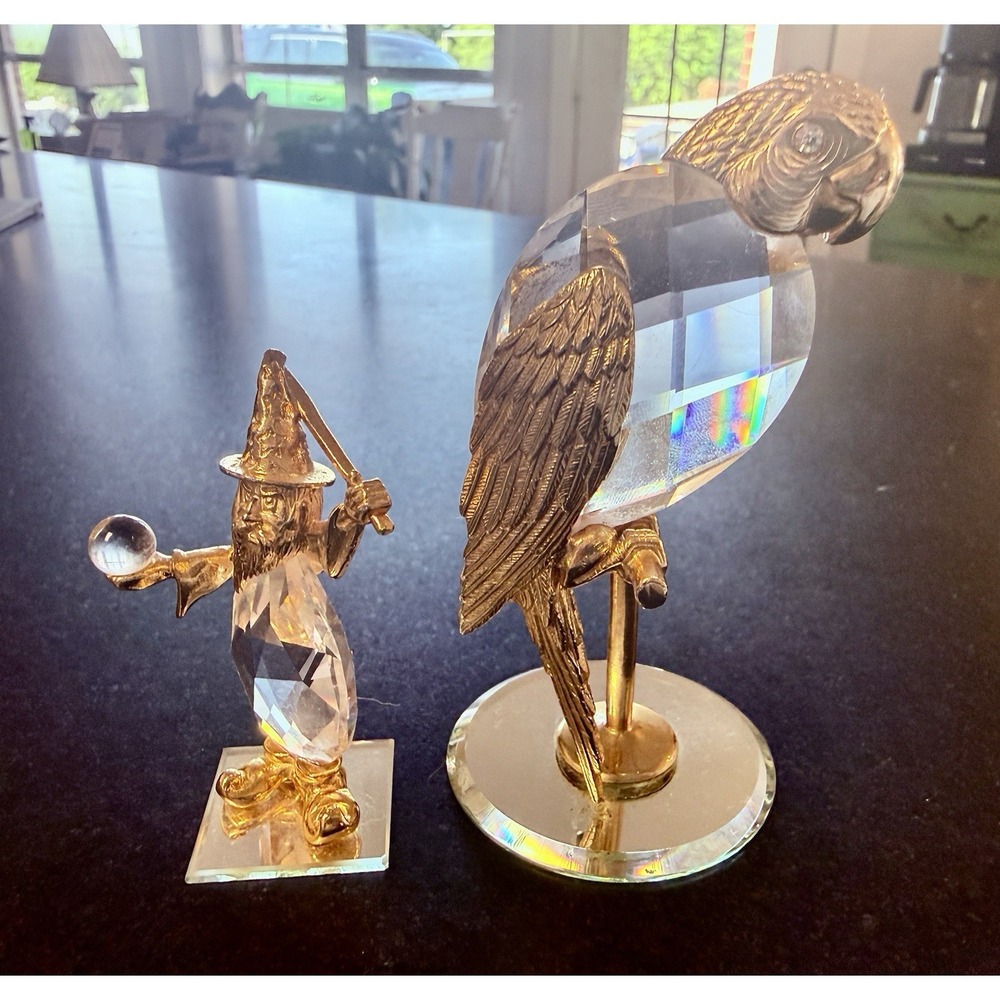 Vintage Crystal Parrot Bird & Wizard Figurines Gold Tone Faceted Glass Set of 2